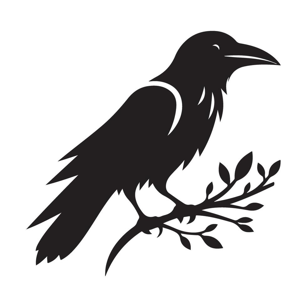 Raven Silhouette Art Perched on Branch Halloween Design vector