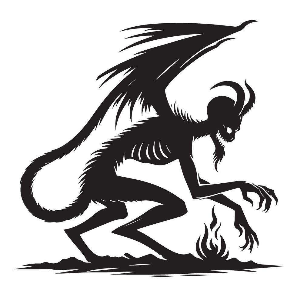 Creepy Demon Silhouette Illustration with Winged Devil Graphic vector
