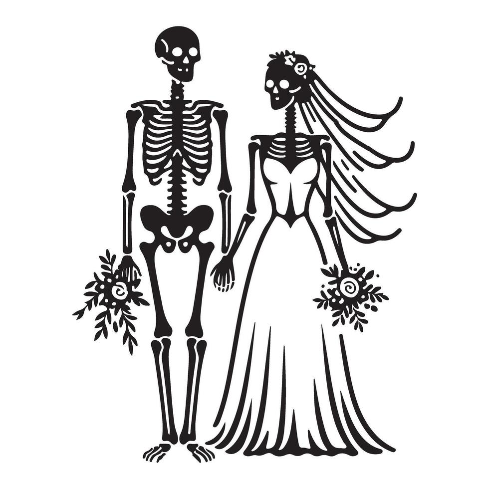 Skeletal Bride and Groom Silhouette Illustration Eternal Love Design vector