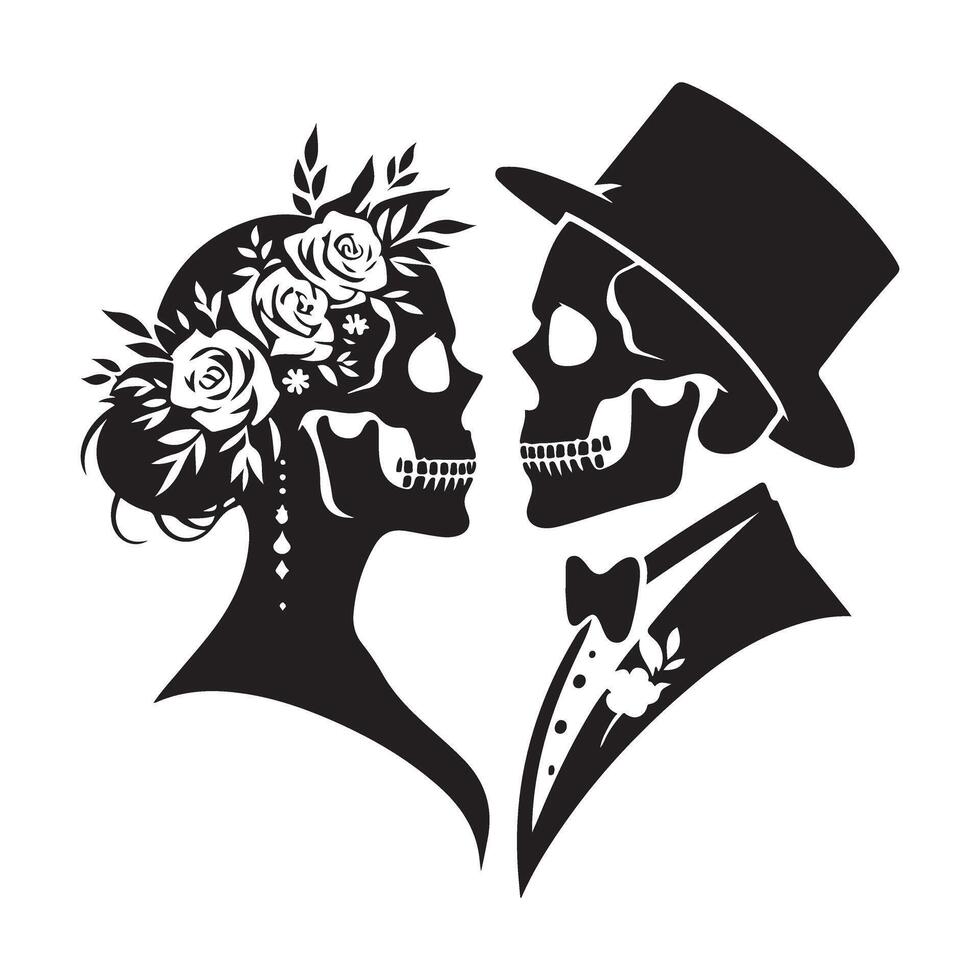 Silhouette bride and groom sugar skulls wedding illustration design vector