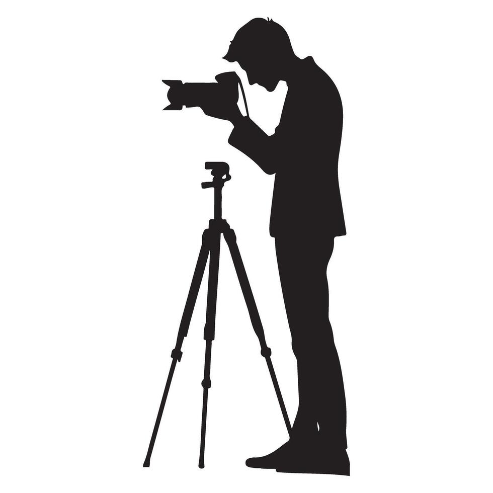 Silhouette Photographer Taking Photo Illustration Standing With Tripod vector