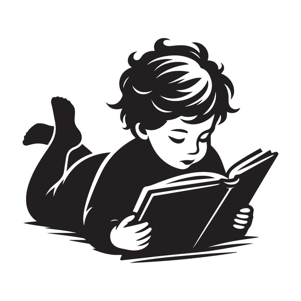 Silhouette of a young child reading book on ground vector