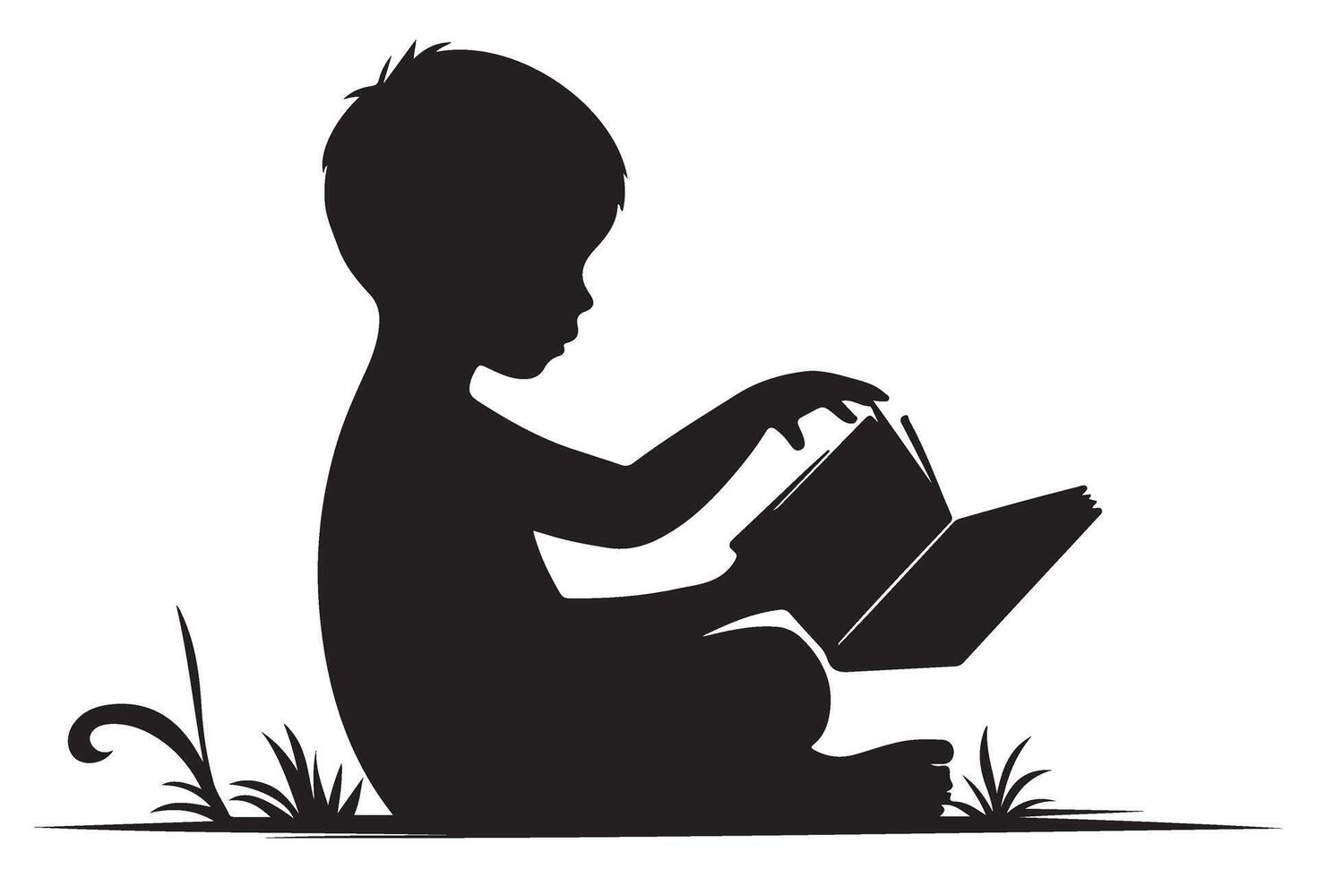 Silhouette illustration of a child reading book vector