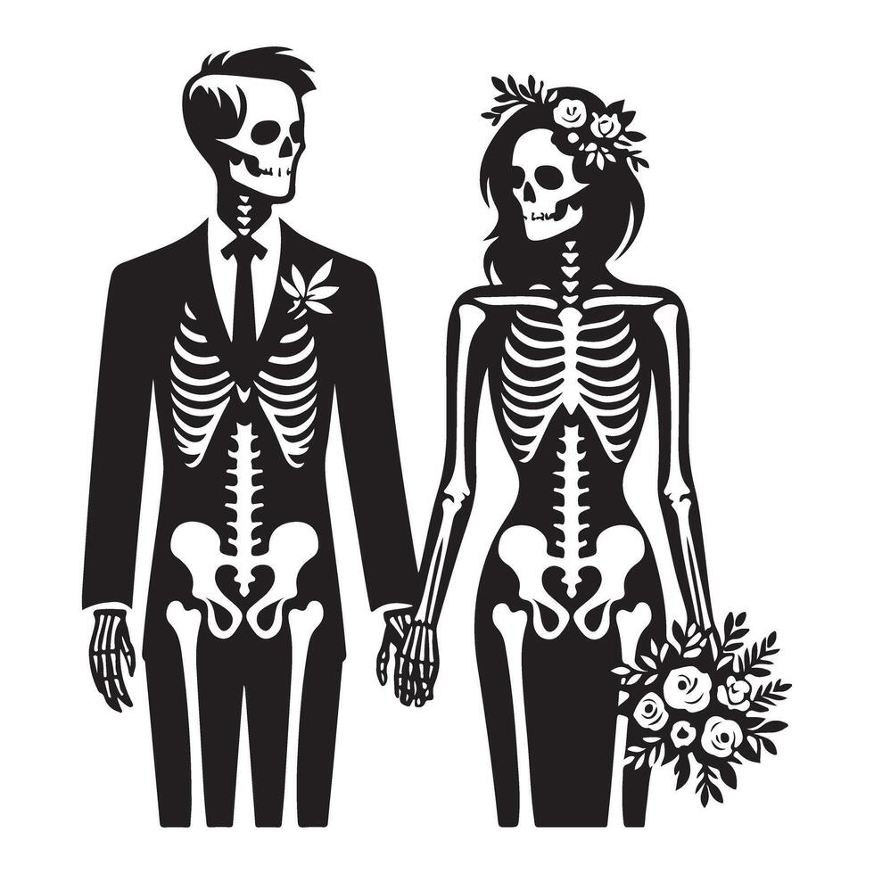 Skeletal Bride and Groom Silhouette Art Till Death Do Us Part vector