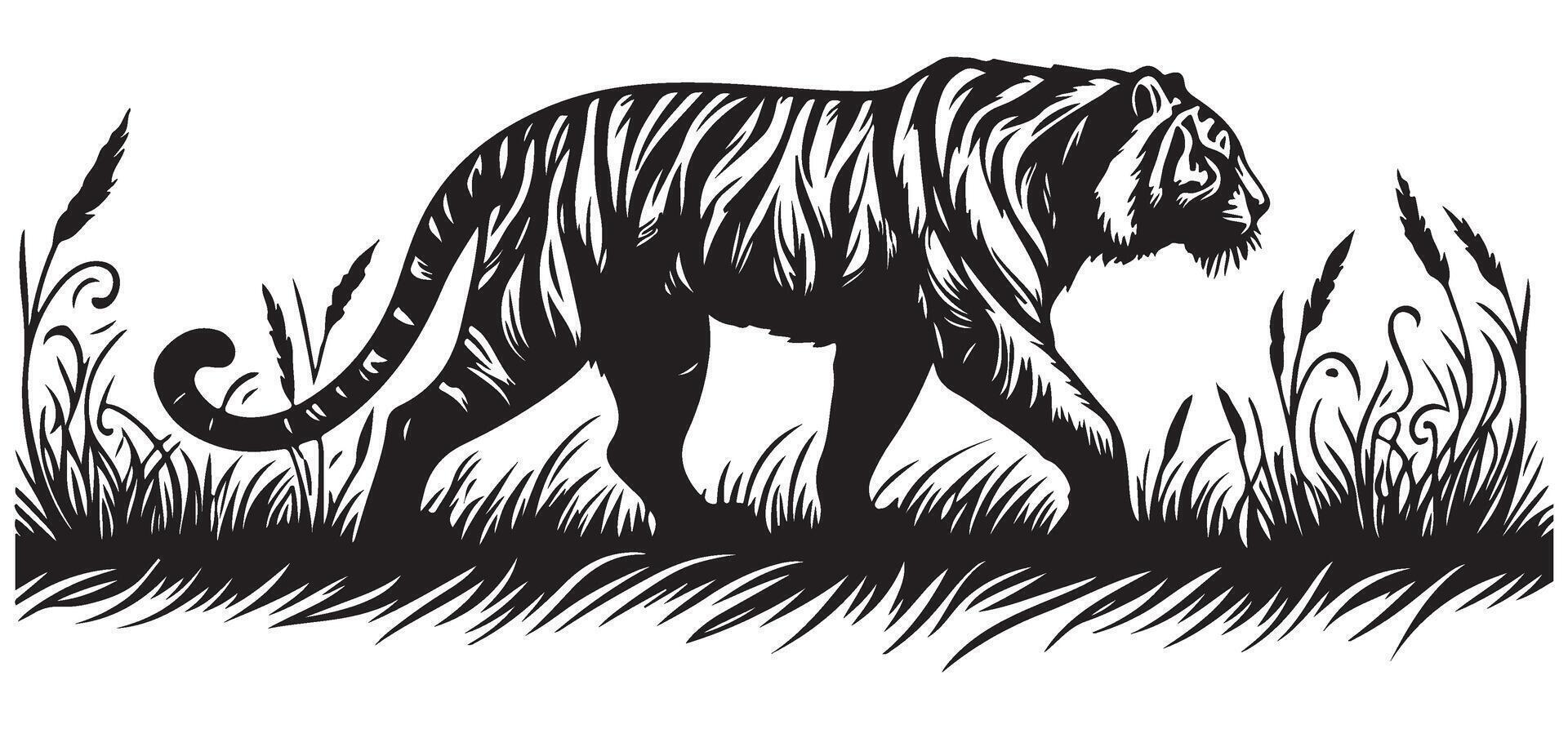 Powerful tiger walking grass silhouette art illustration vector