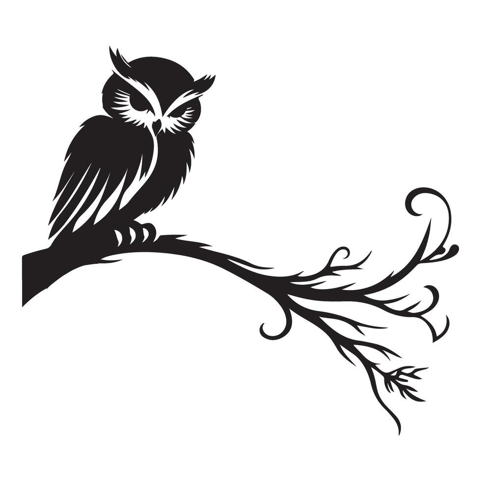 Stylized owl perched on branch illustration in black silhouette vector
