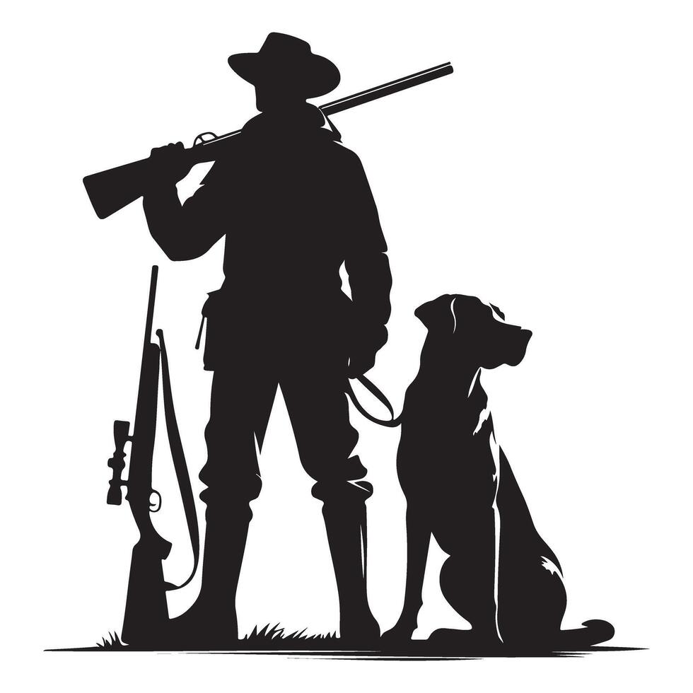 Hunter and Dog Silhouette Graphic Hunting Scene Design vector