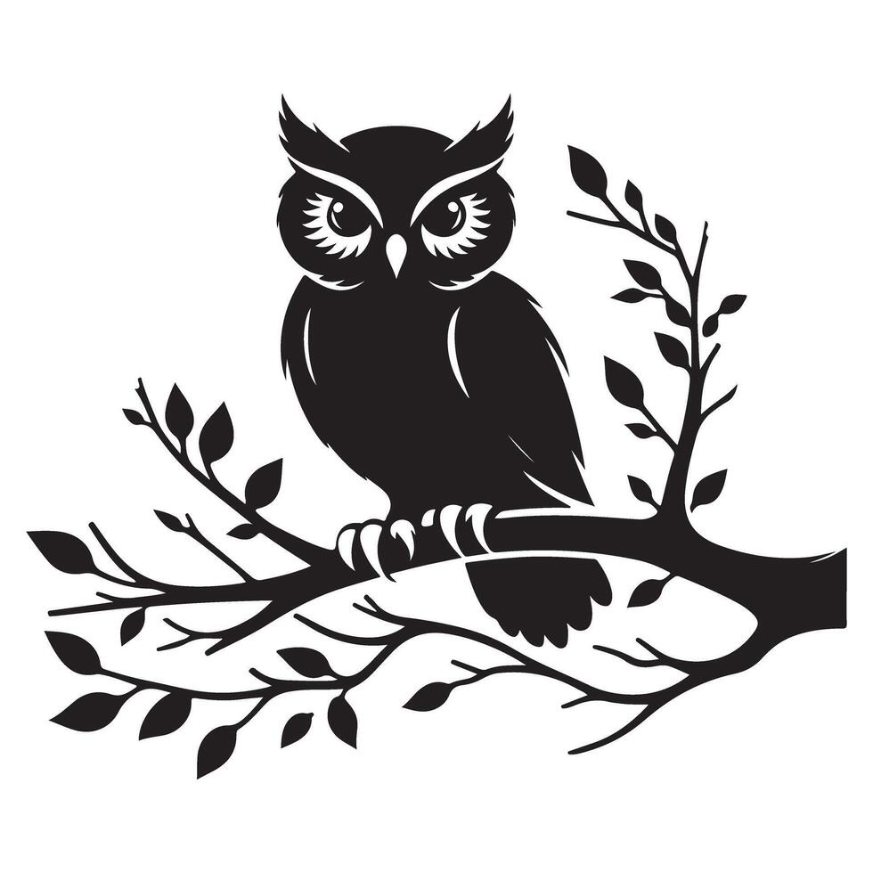 Wise Owl Silhouette Graphic Sitting on Branch Design vector