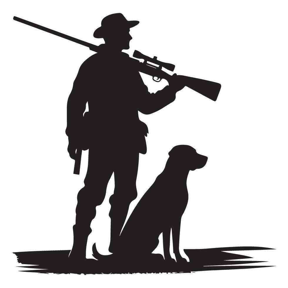 Silhouette of Hunter with rifle and hunting dog outdoor activity vector