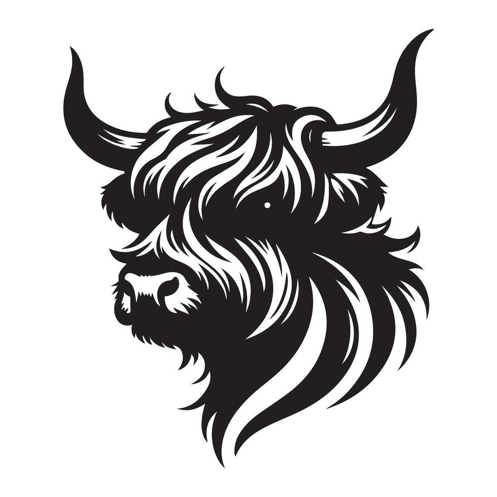 Highland Cow Portrait Silhouette Illustration with Majestic Horns and Shaggy Fur vector