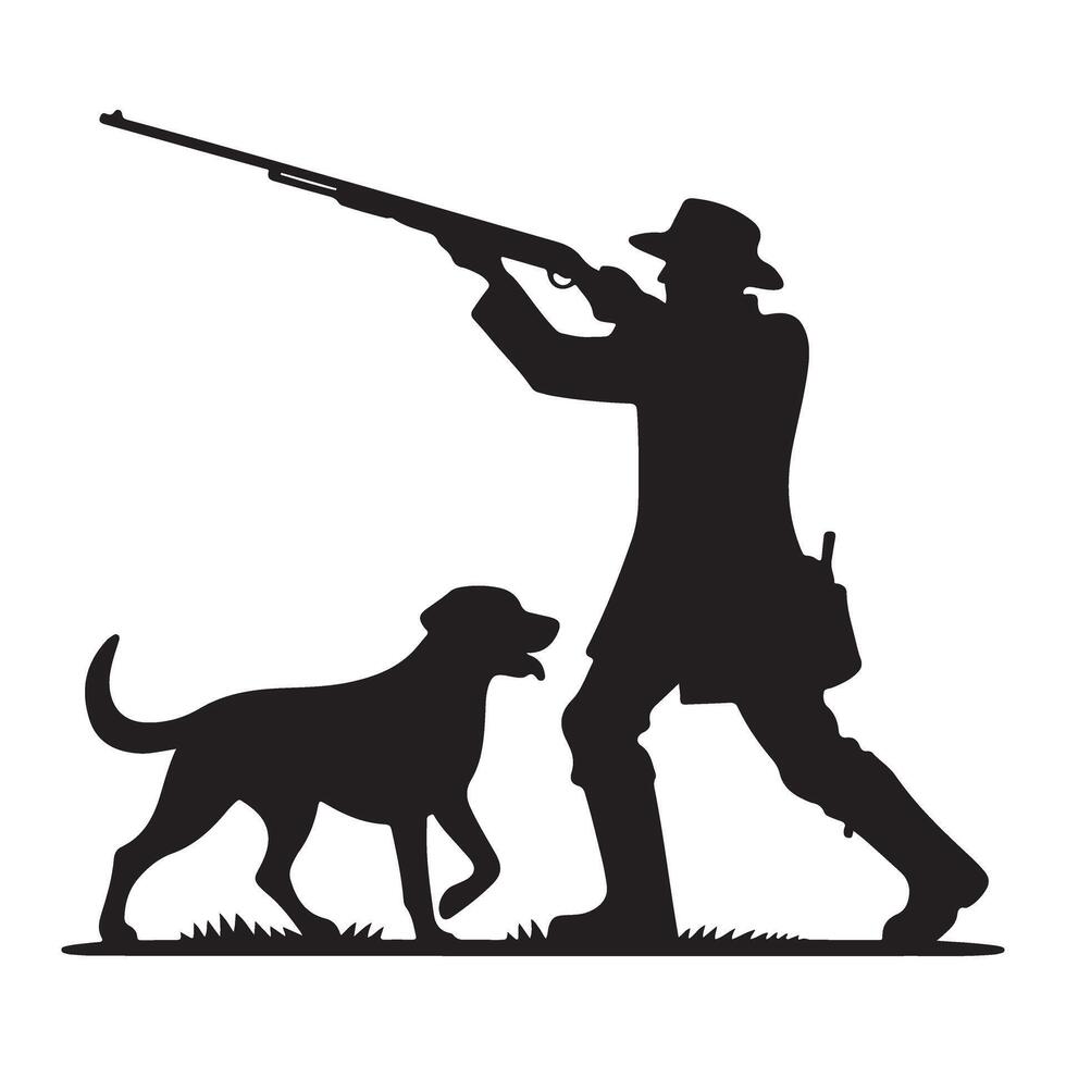 Hunter Silhouette Illustration with Dog Shooting Graphic vector