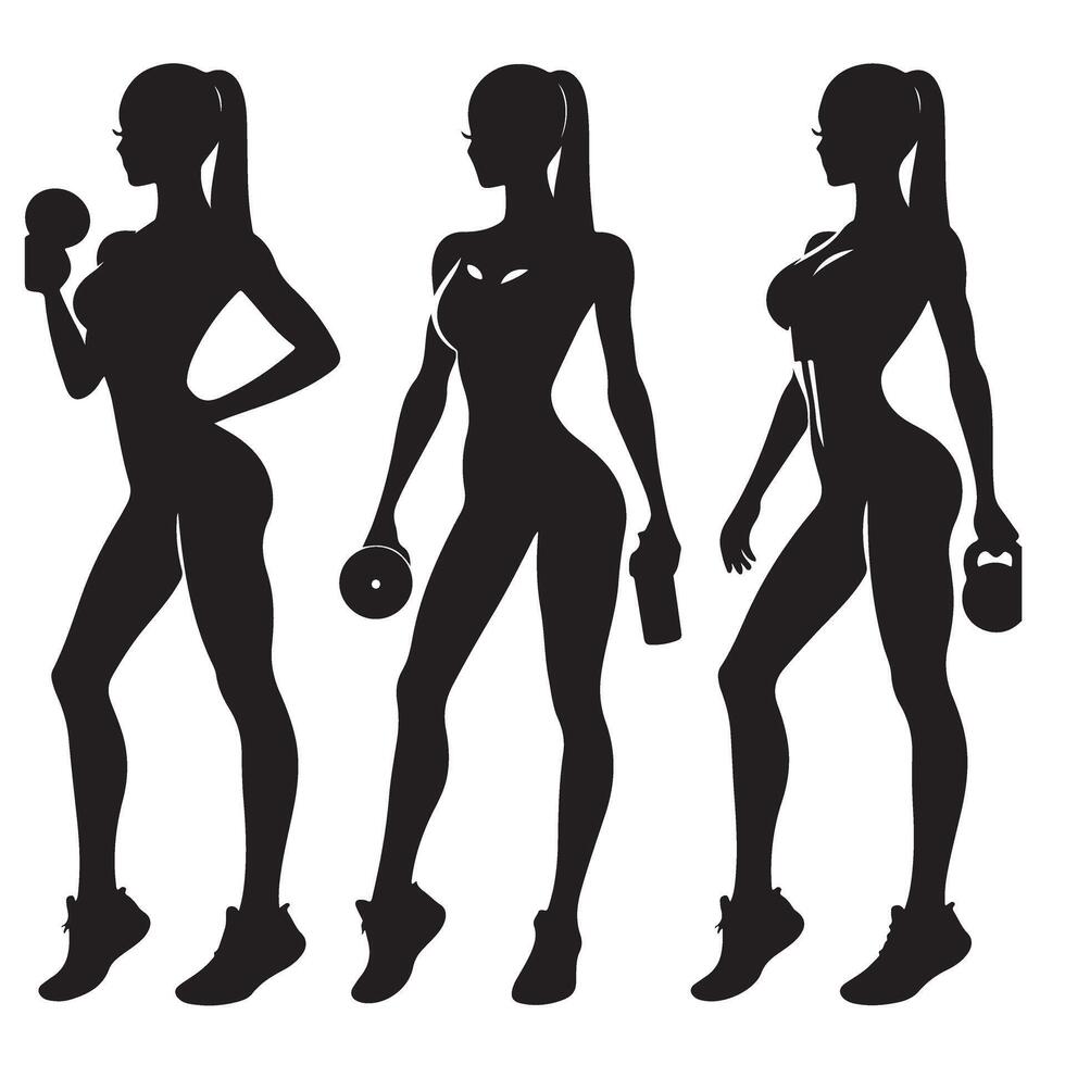 Fitness Woman Silhouette Set Gym Workout Black Graphic vector