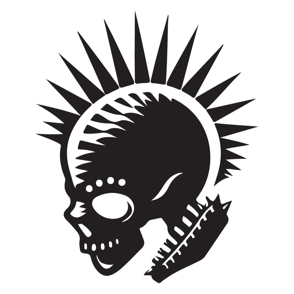 Punk Skull Silhouette with Mohawk Hairstyle Black Illustration vector