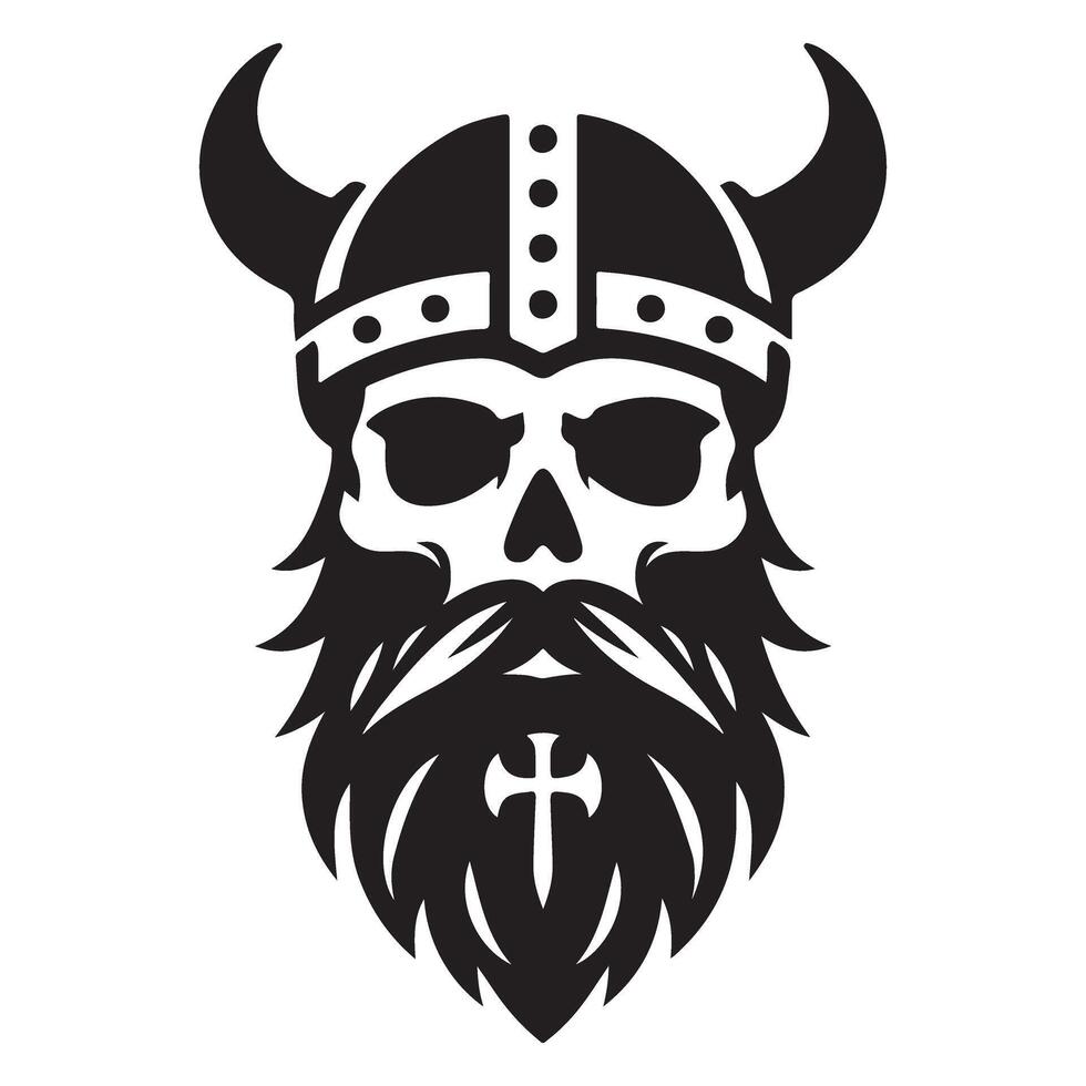 Viking Skull Silhouette with Helmet and Beard Black Art vector