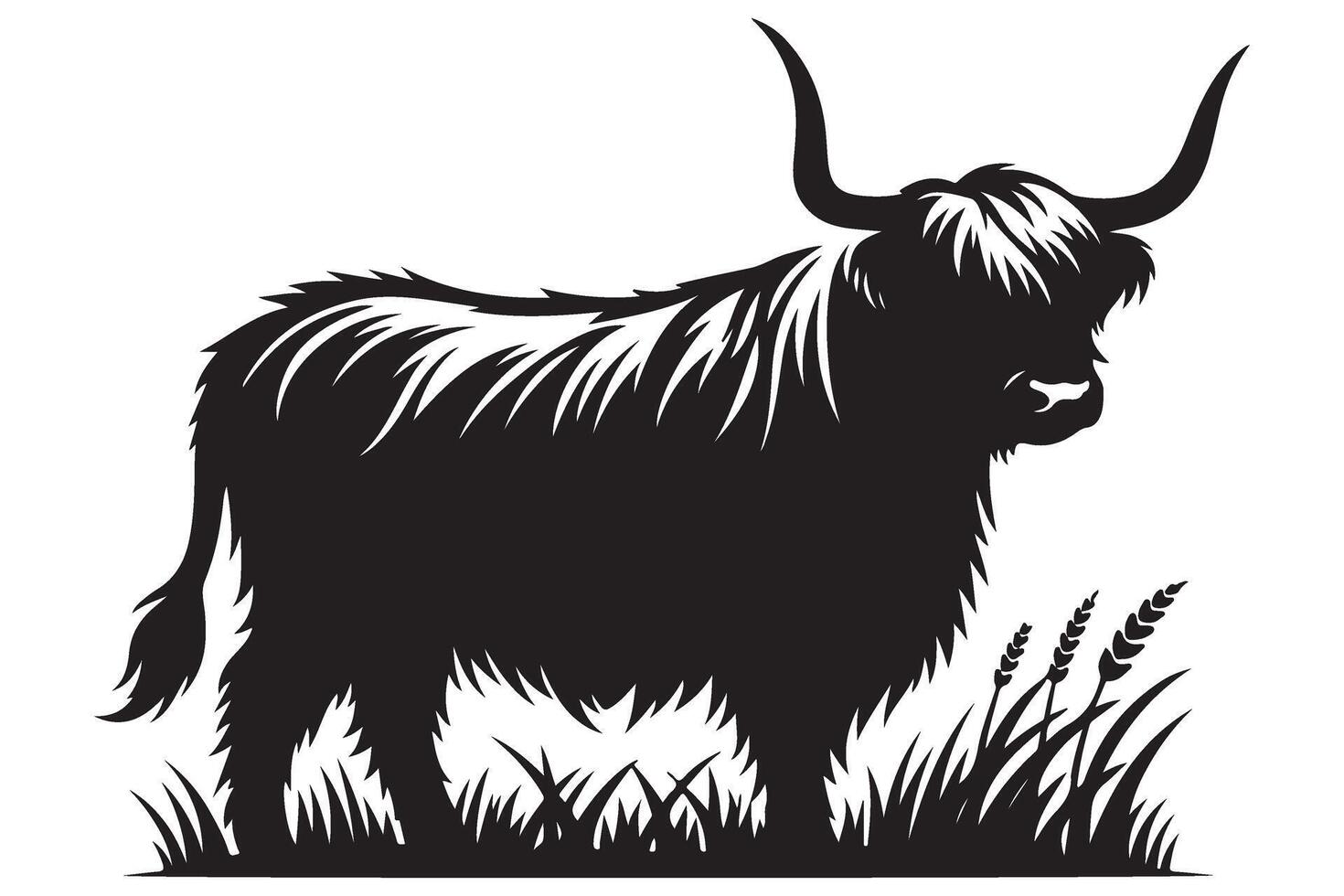 Majestic highland cow standing in grass silhouette illustration vector