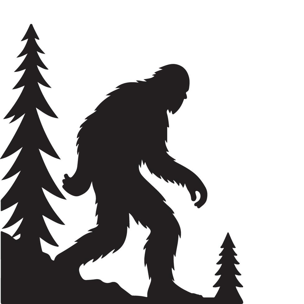 Bigfoot silhouette walking in woods illustration mystery design vector