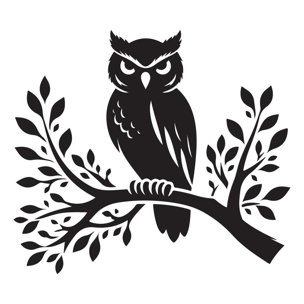 Silhouette Owl Perched on Branch Illustration Graphic Element vector