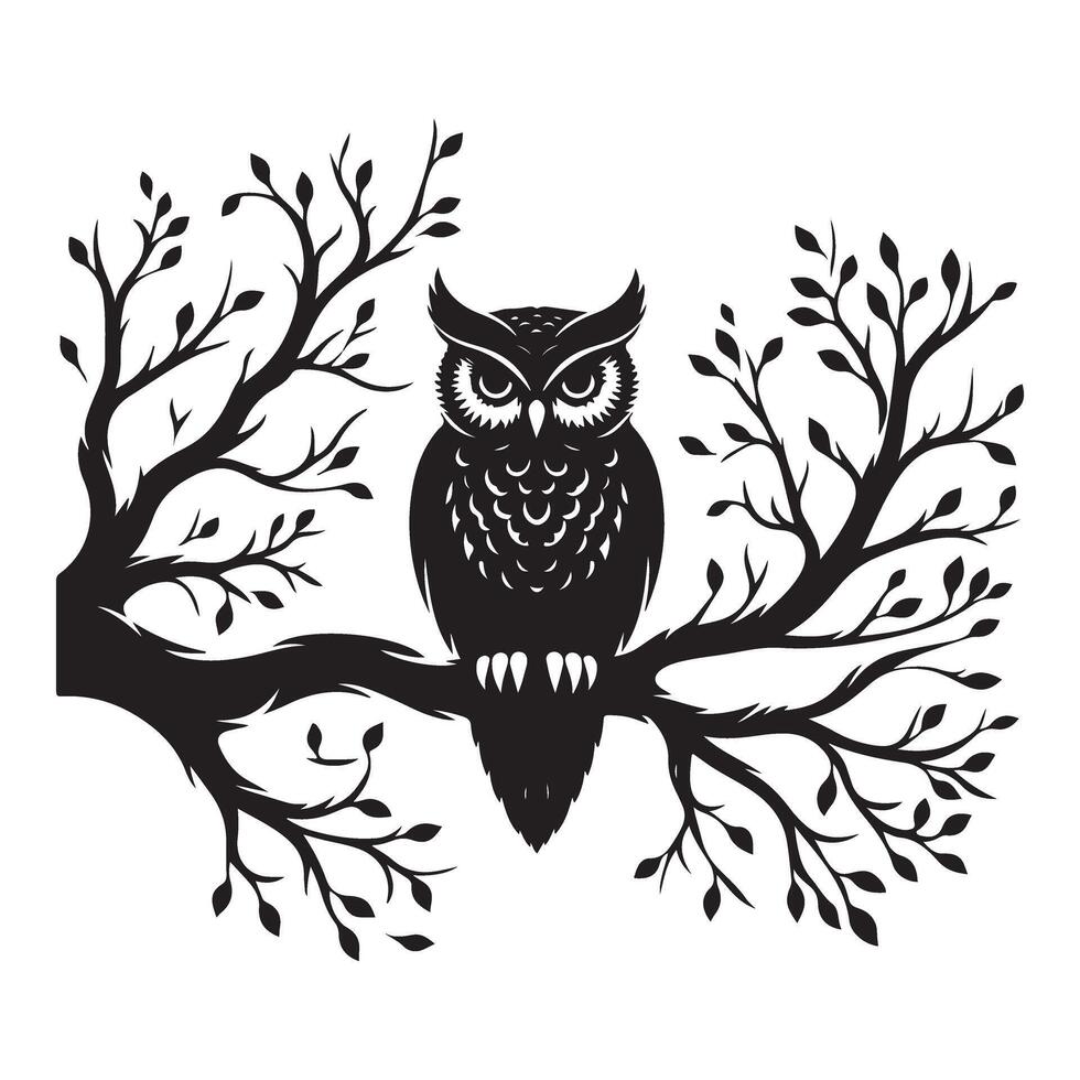 Silhouette Owl on Branch with Leaves Illustration Night Scene vector
