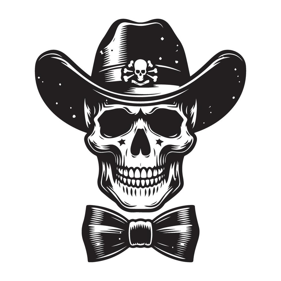 Cool Cowboy Skull with Hat and Bow Tie Silhouette Design vector