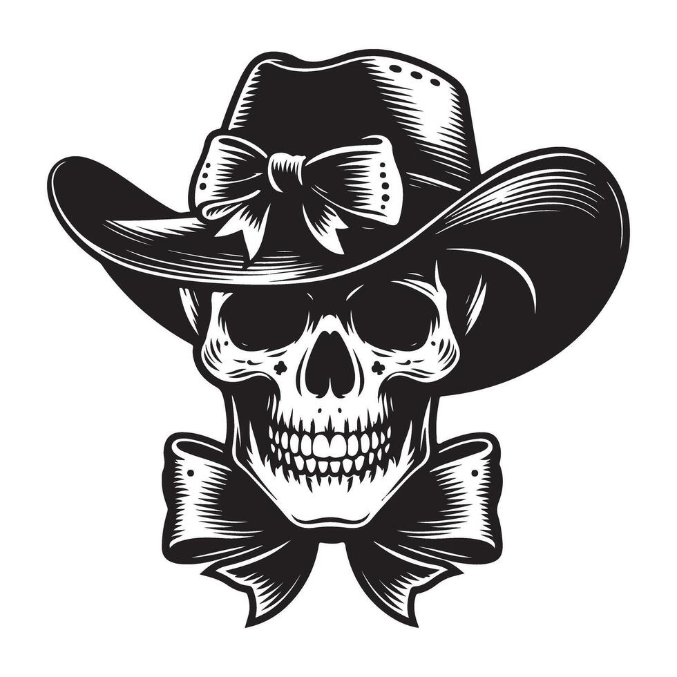 Cowboy skull in hat illustration with bows detailed design vector