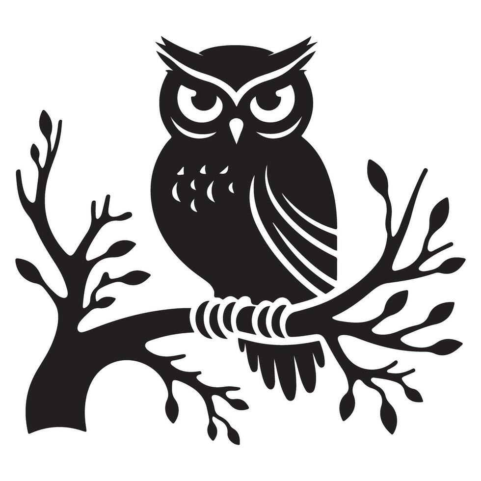 Wise Owl Silhouette Sitting on a Branch Graphic Design vector