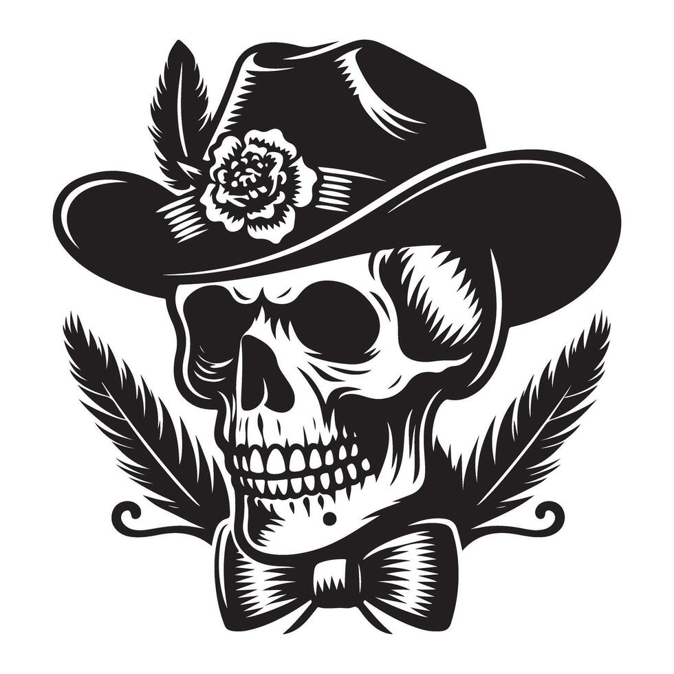 Elegant Skull Silhouette with Hat and Bowtie Illustration vector