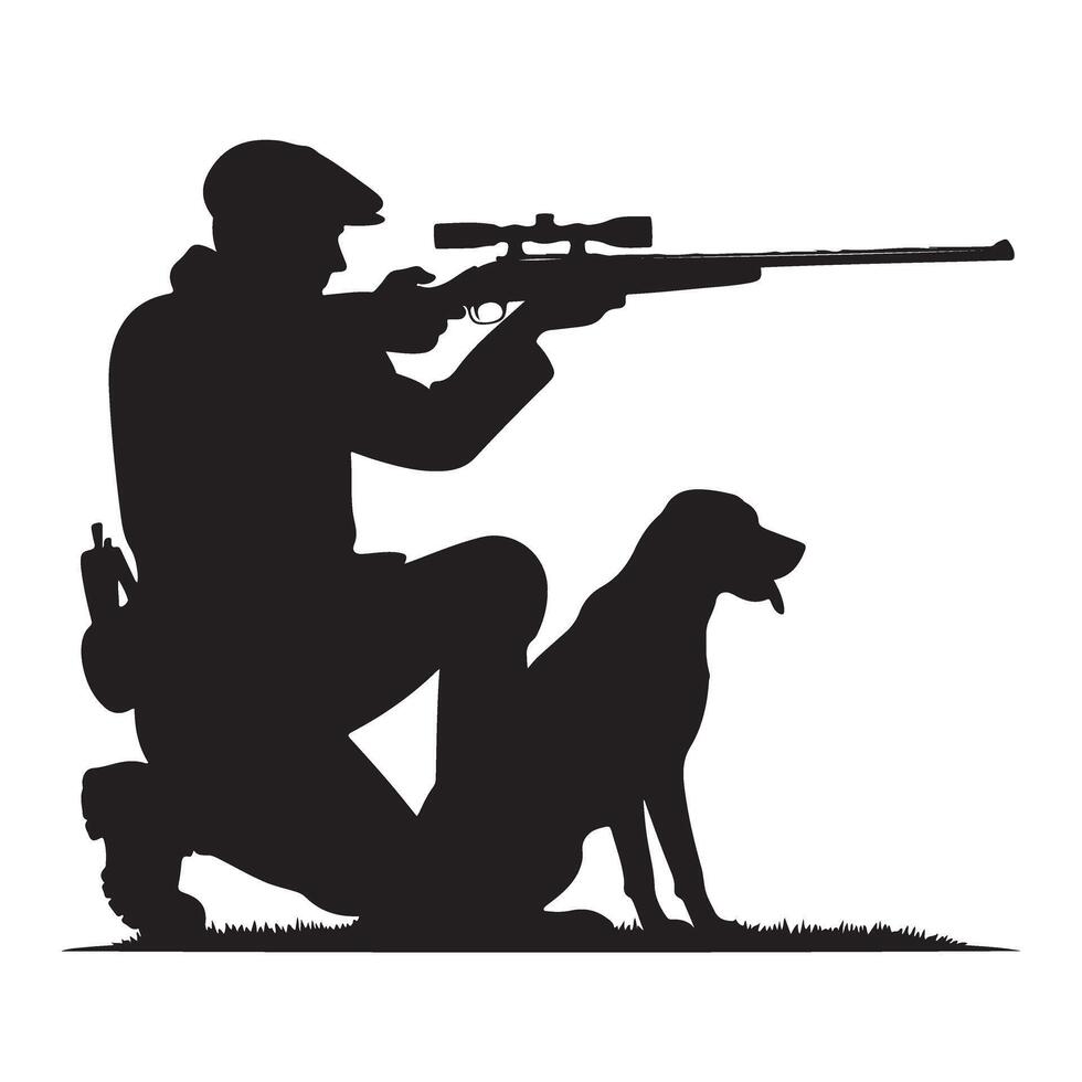 Hunting Silhouette Illustration Hunter Sniper Rifle Dog Companion vector