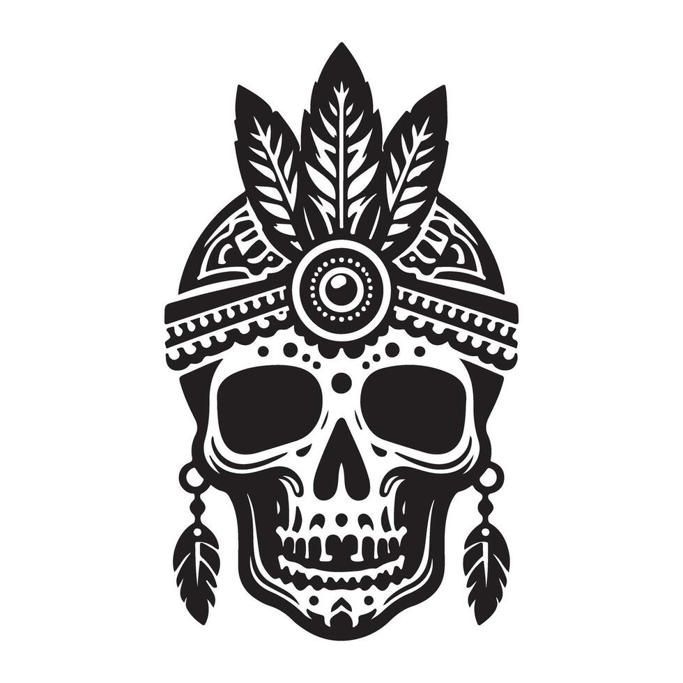 Intricate Sugar Skull Silhouette Illustration with Feathers Design vector