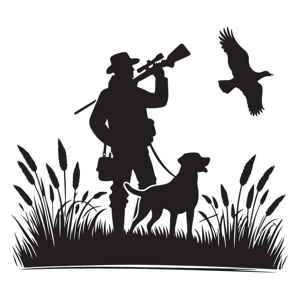 Hunting Scene Silhouette of Hunter Dog and Bird vector