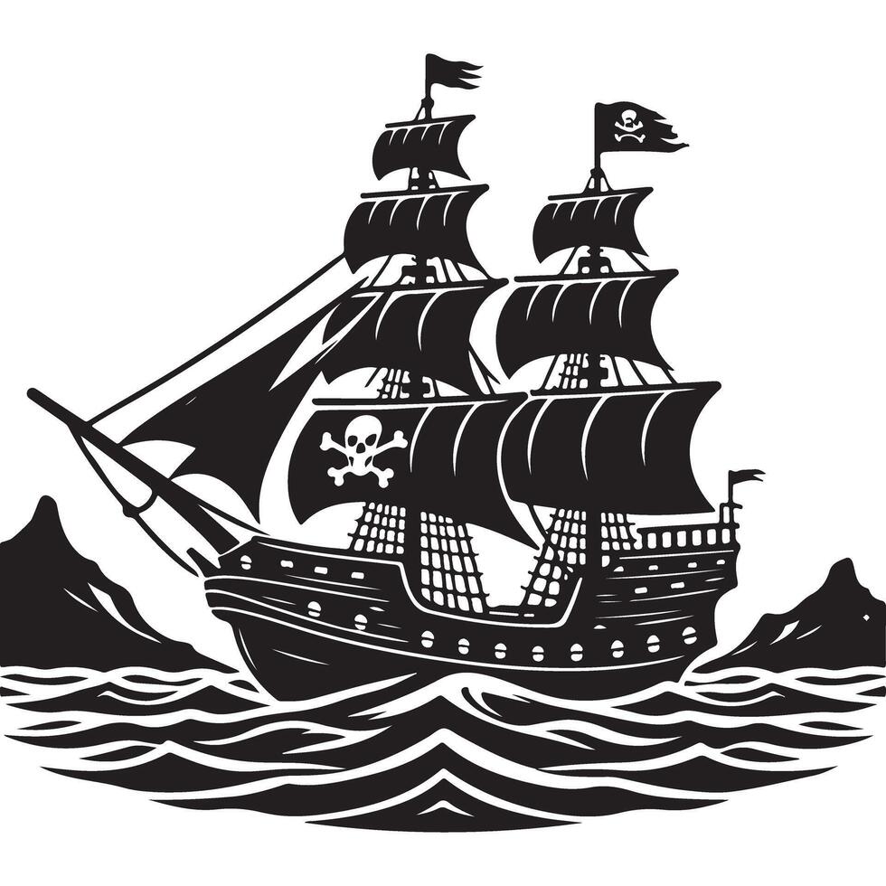 Silhouette Pirate Ship Sailing Illustration with Jolly Roger Flags Design vector