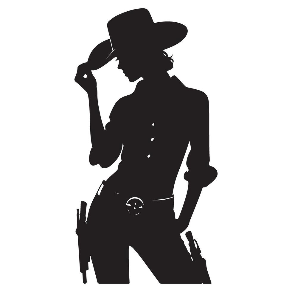 Confident Cowgirl Silhouette Illustration with Gun Holsters and Cowboy Hat vector