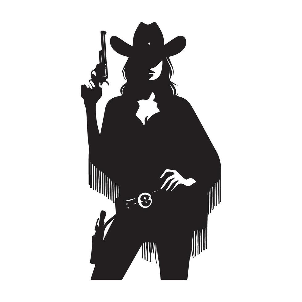 Western Cowgirl Silhouette with Poncho and Revolver Illustration Design vector
