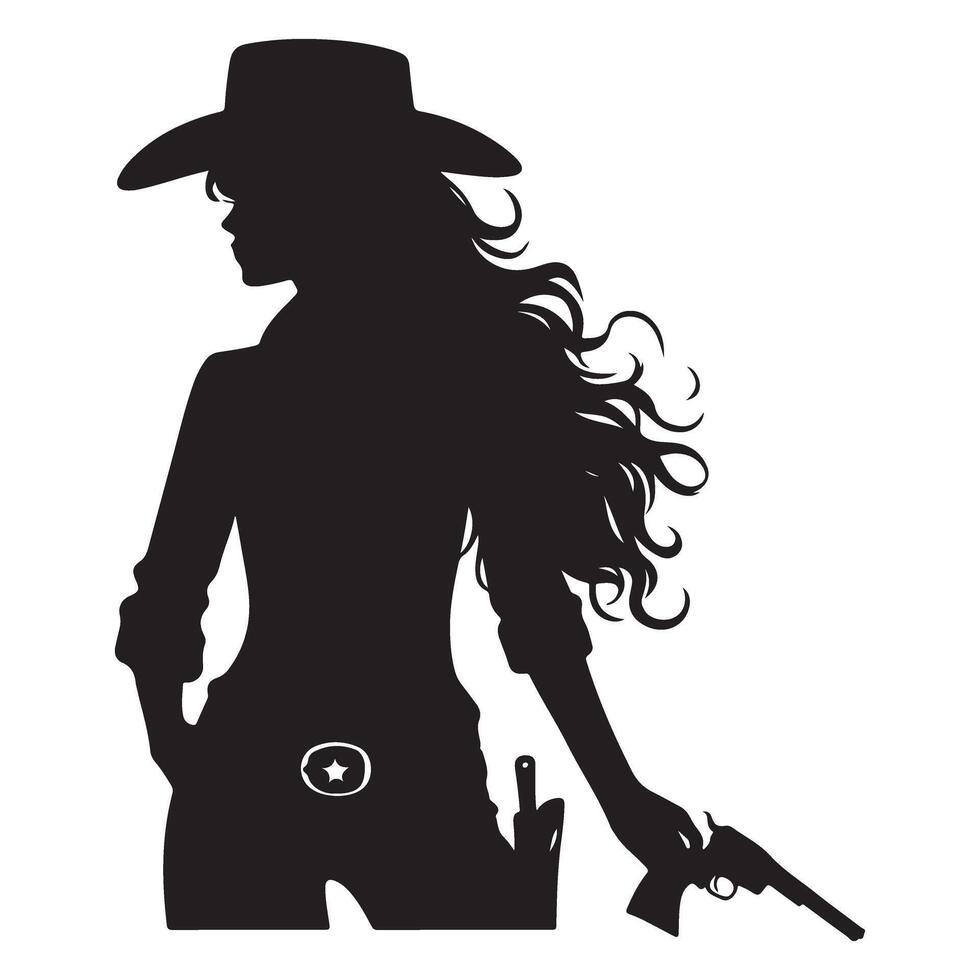 Cowgirl Silhouette Art with Revolver and Flowing Hair Design vector