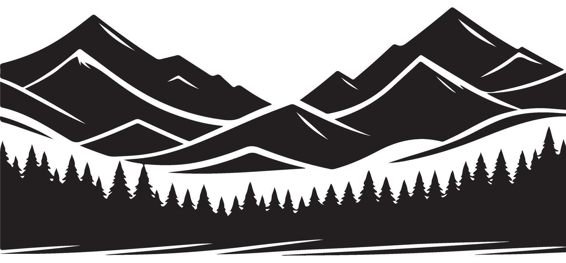Scenic Mountain Range Silhouette Illustration with Evergreen Forest Design vector
