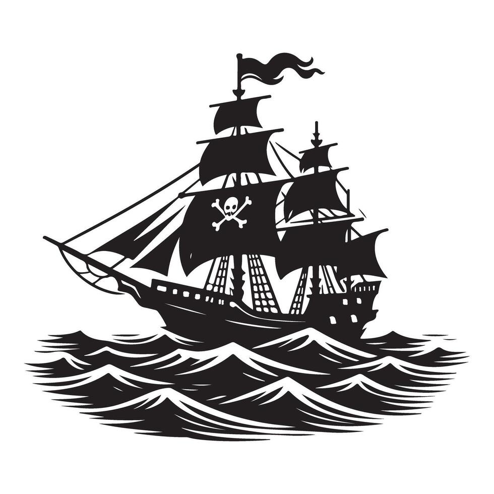 Classic Pirate Ship Silhouette Illustration on Ocean Waves vector