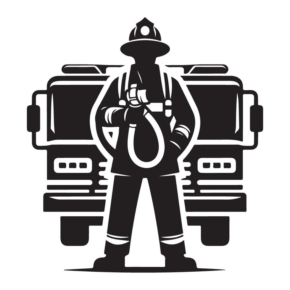 Brave Firefighter Illustration with Firetruck Silhouette for Safety vector