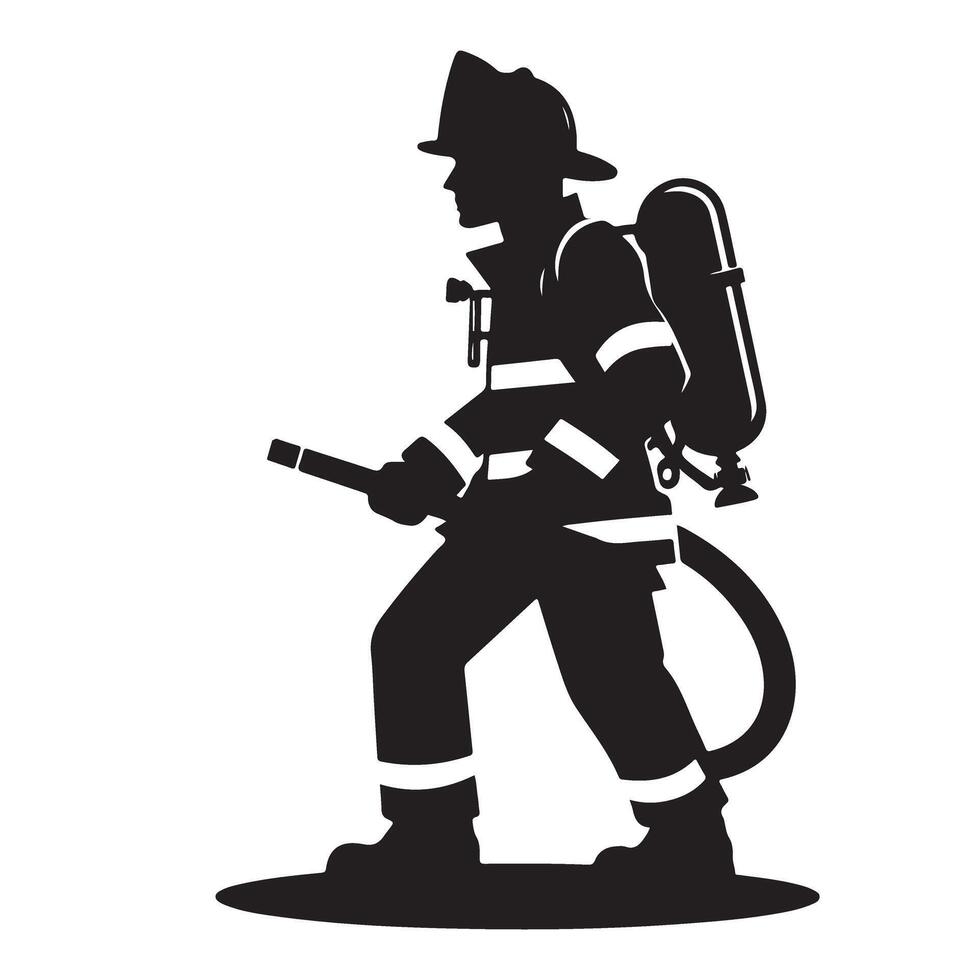 Firefighter Silhouette Walking with Hose Graphic Emergency Service vector