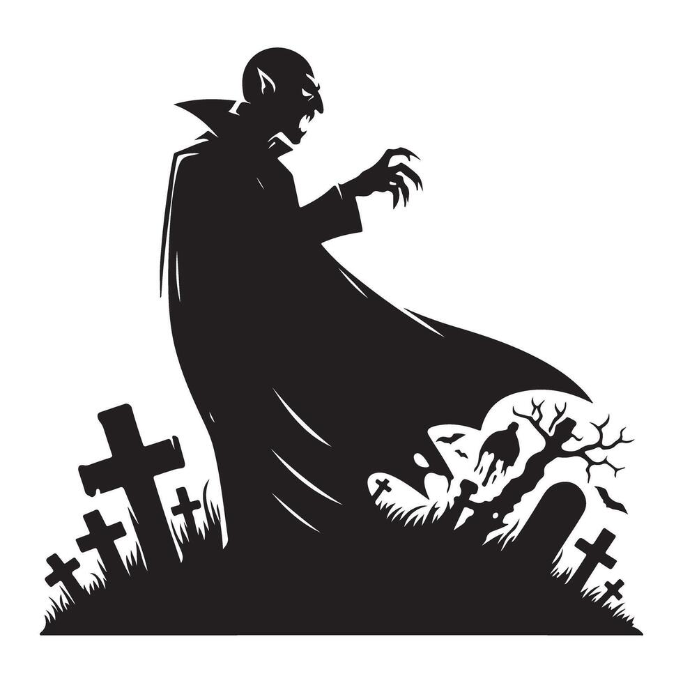Silhouette Vampire Rises from Grave Yard Scene Halloween Art vector