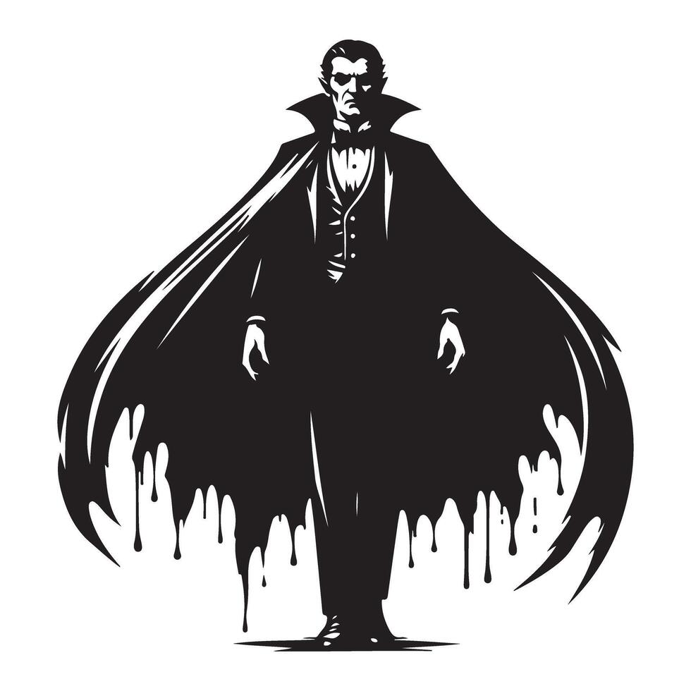 Dramatic vampire silhouette illustration standing with flowing cape design vector