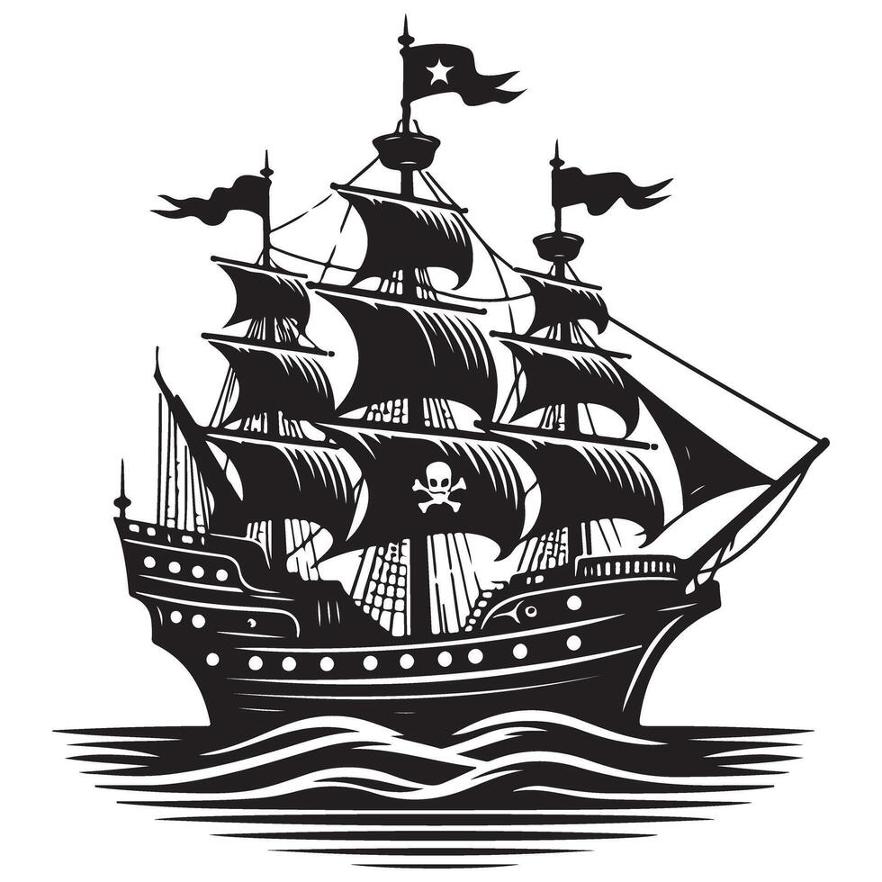 Pirate Ship Silhouette Illustration with Skull and Crossbones Flag vector