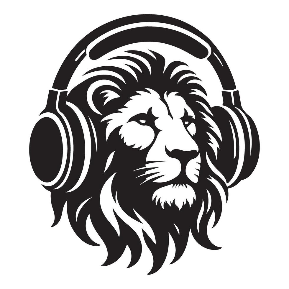 Lion Listening Music with Headphones Illustration Graphic Design vector