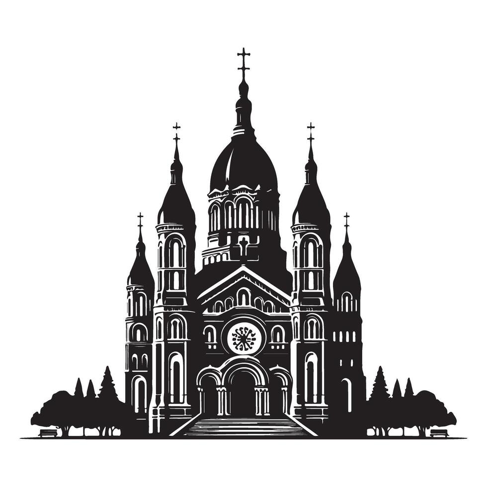 Silhouette Cathedral Art Ornate Church Building Illustration Design vector