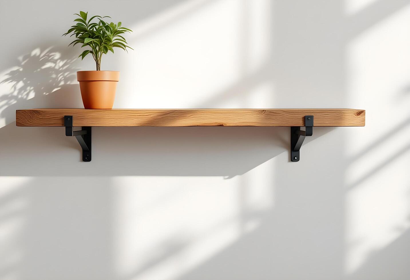 Stylish Wooden Floating Shelf with Black Brackets photo