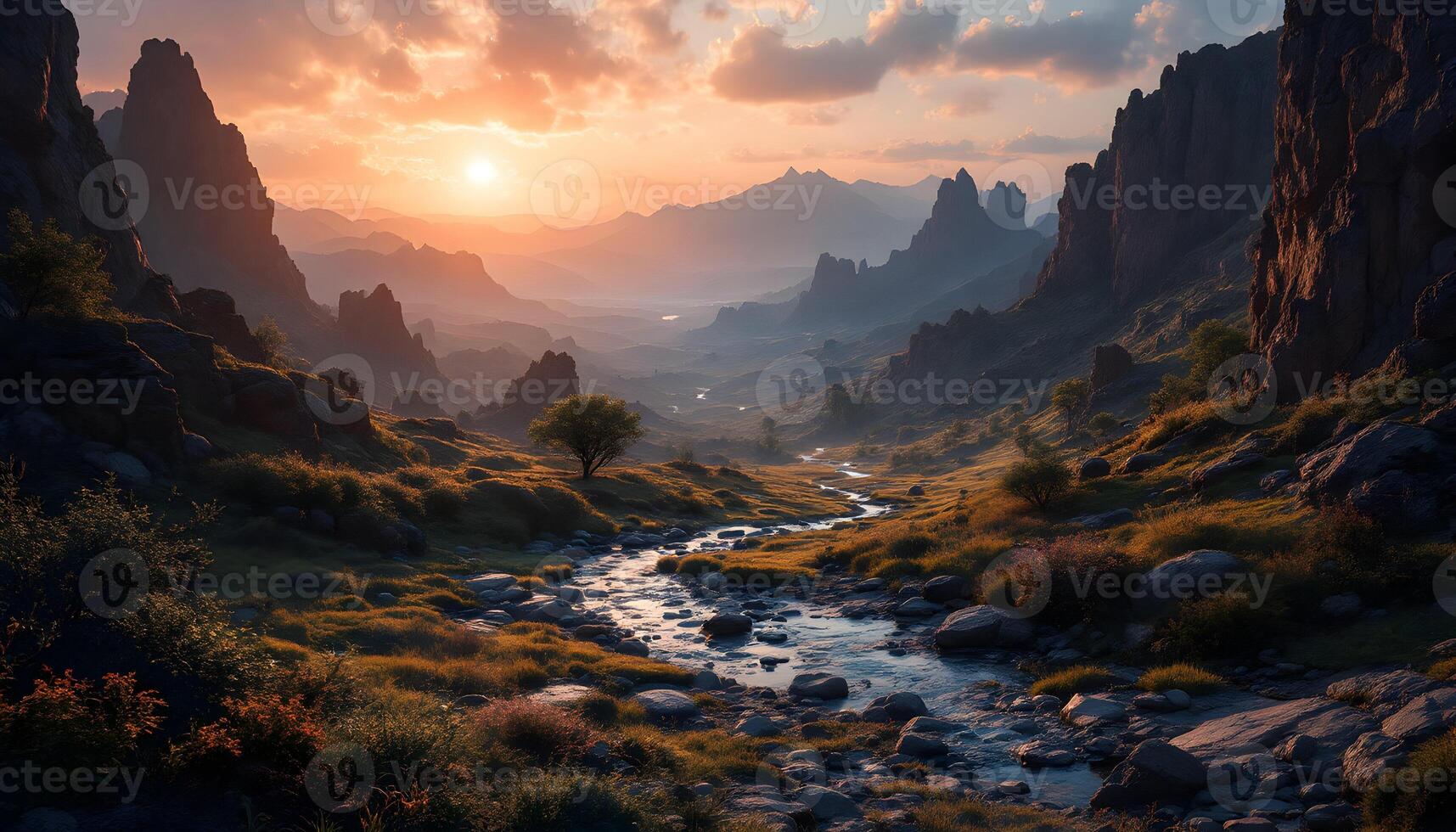Serene Sunset Mountain Valley River Landscape Photography photo