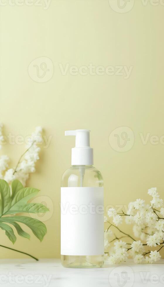 Elegant transparent bottle with label for cosmetic product presentation photo