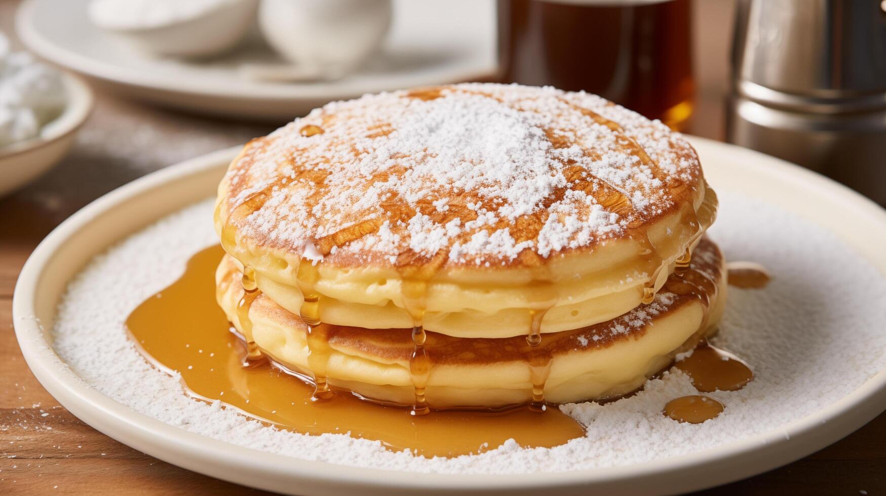 Indulge in fluffy pancakes with maple syrup at a cozy kitchen, close-up culinary delight in a warm atmosphere photo