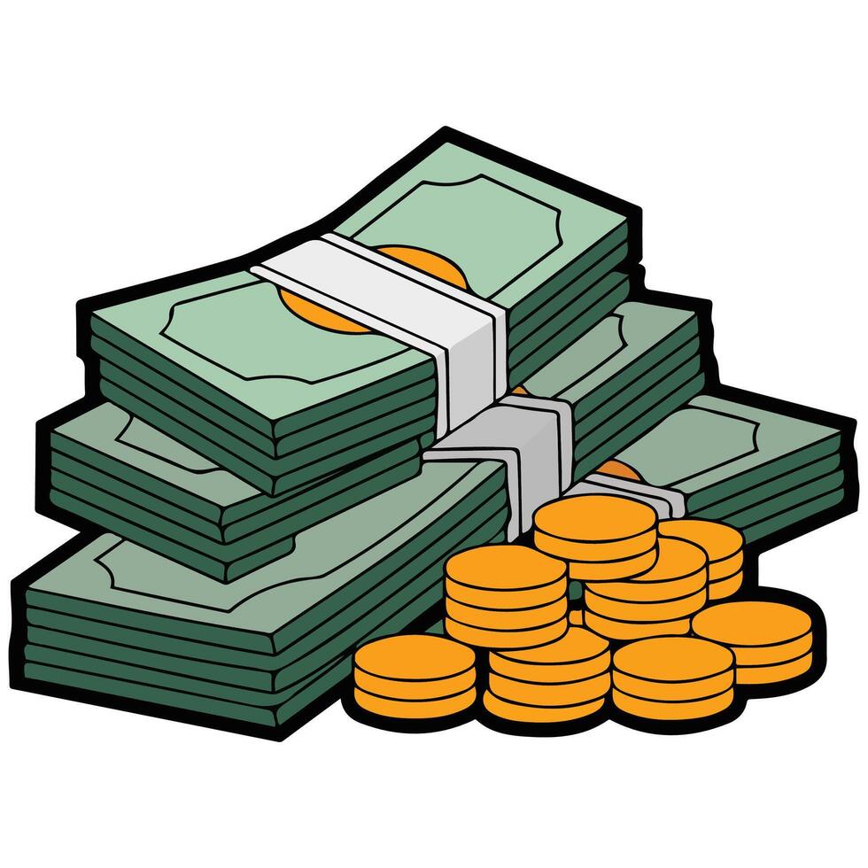 Stack of gold coins and green bills vector