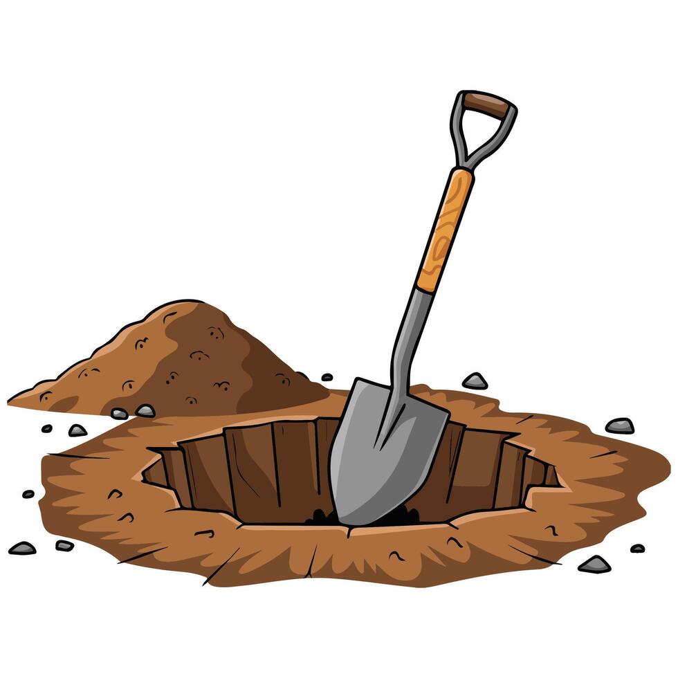 Shovel digging a hole in dry earth vector