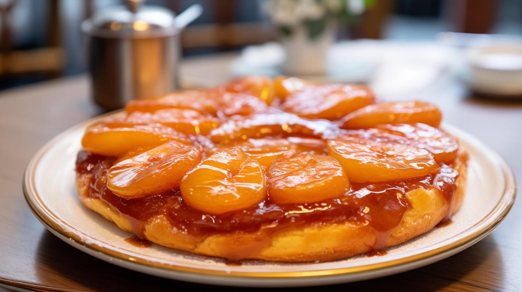 Indulging in tarte tatin cozy indoor dessert photography of caramelized apples in a warm ambiance close-up shot photo