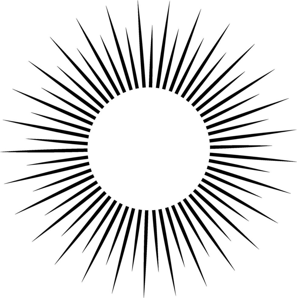 Black radiating lines surrounding a white circle against a white background create a dynamic, pointed composition, emphasizing contrast and energy in a modern, abstract design vector